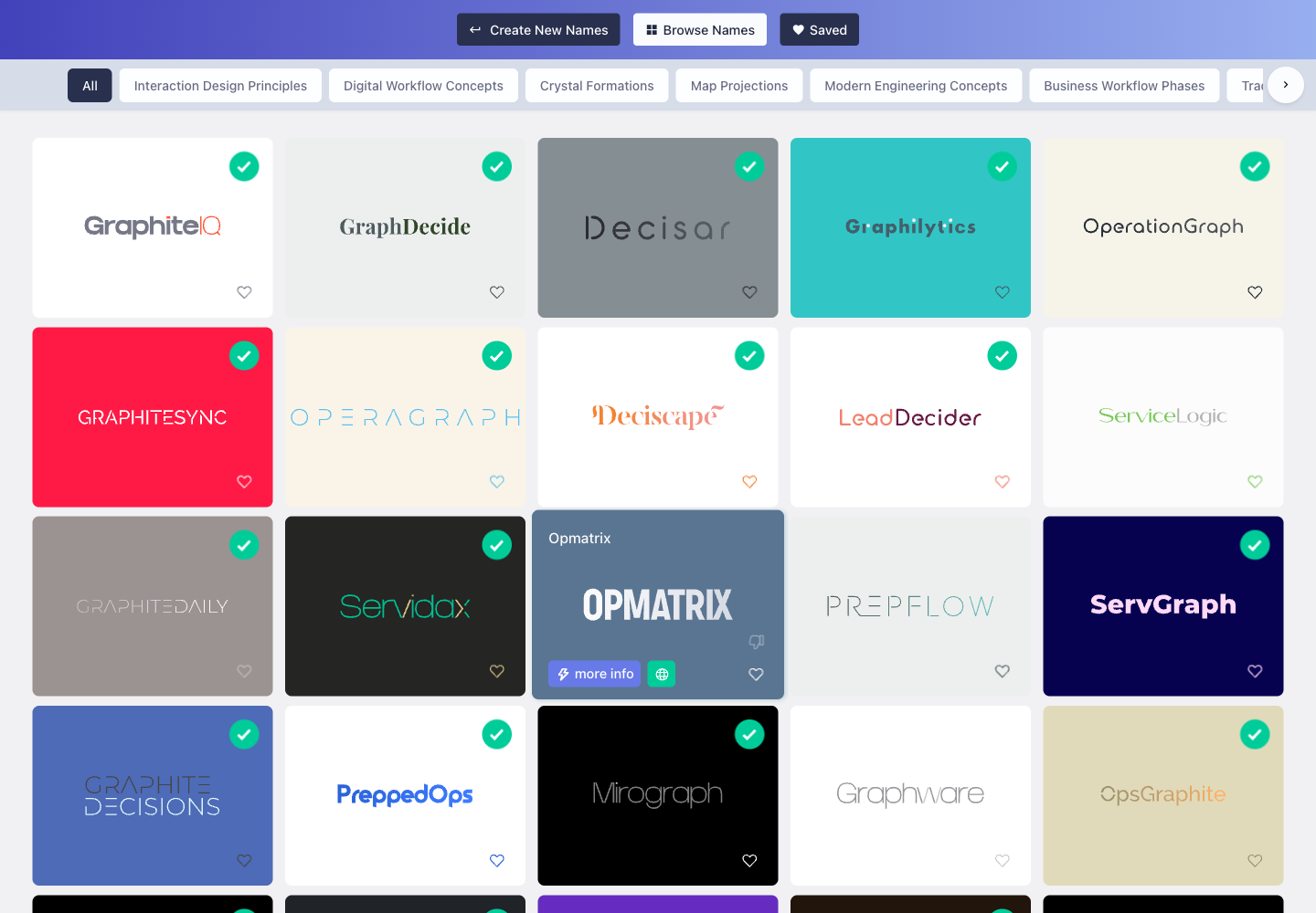 a namelix result grid showing the first visible multi-site operations software name ideas.