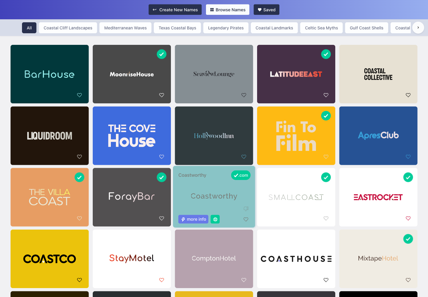 a Namelix result grid showing the first visible boutique hotel and members bar name ideas.