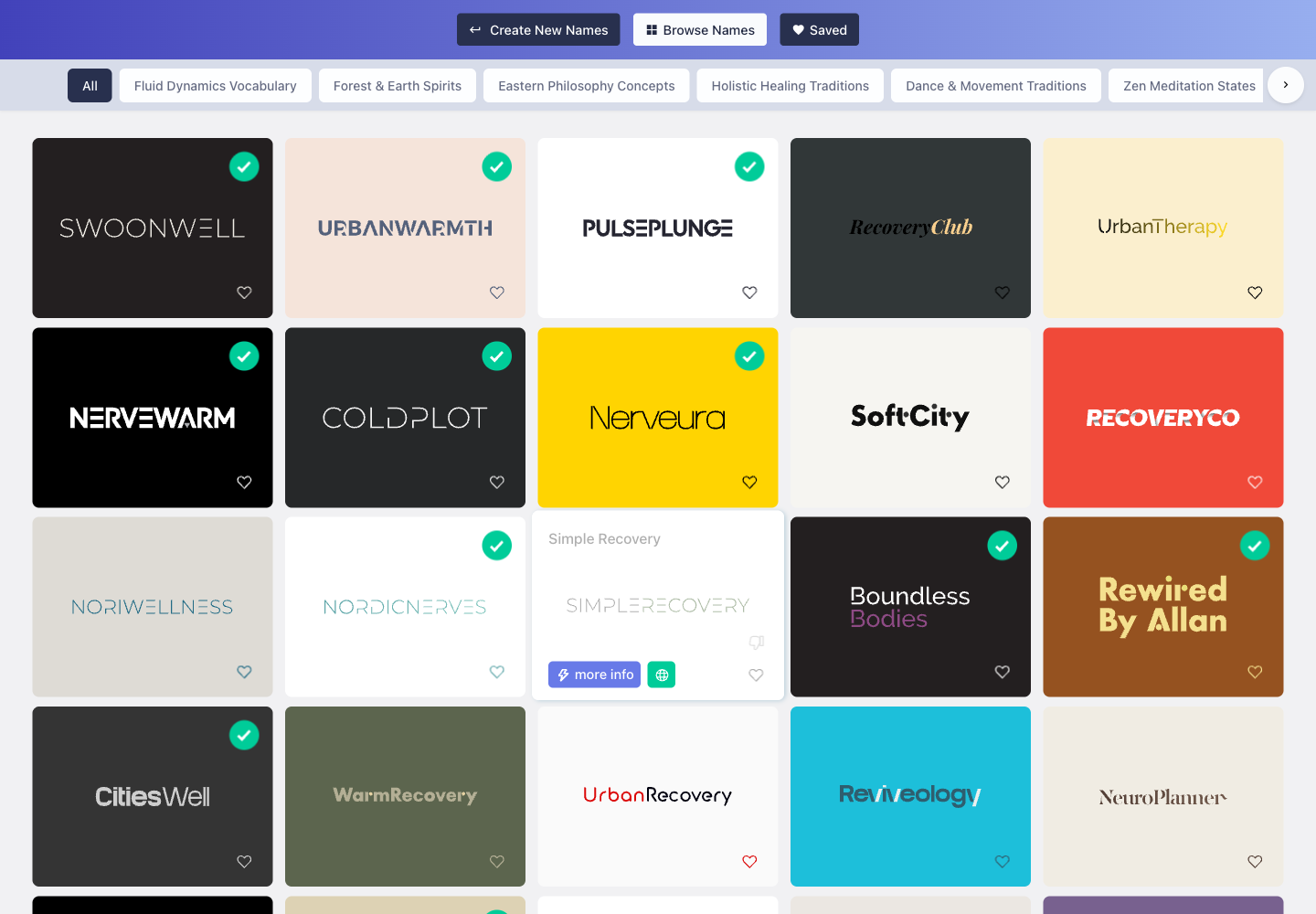 a namelix result grid showing the first visible recovery and wellness brand name ideas.